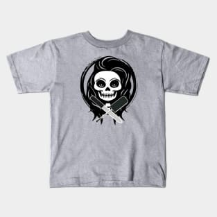 Female Nail Tech Skull and Manicurist Tools Black Logo Kids T-Shirt